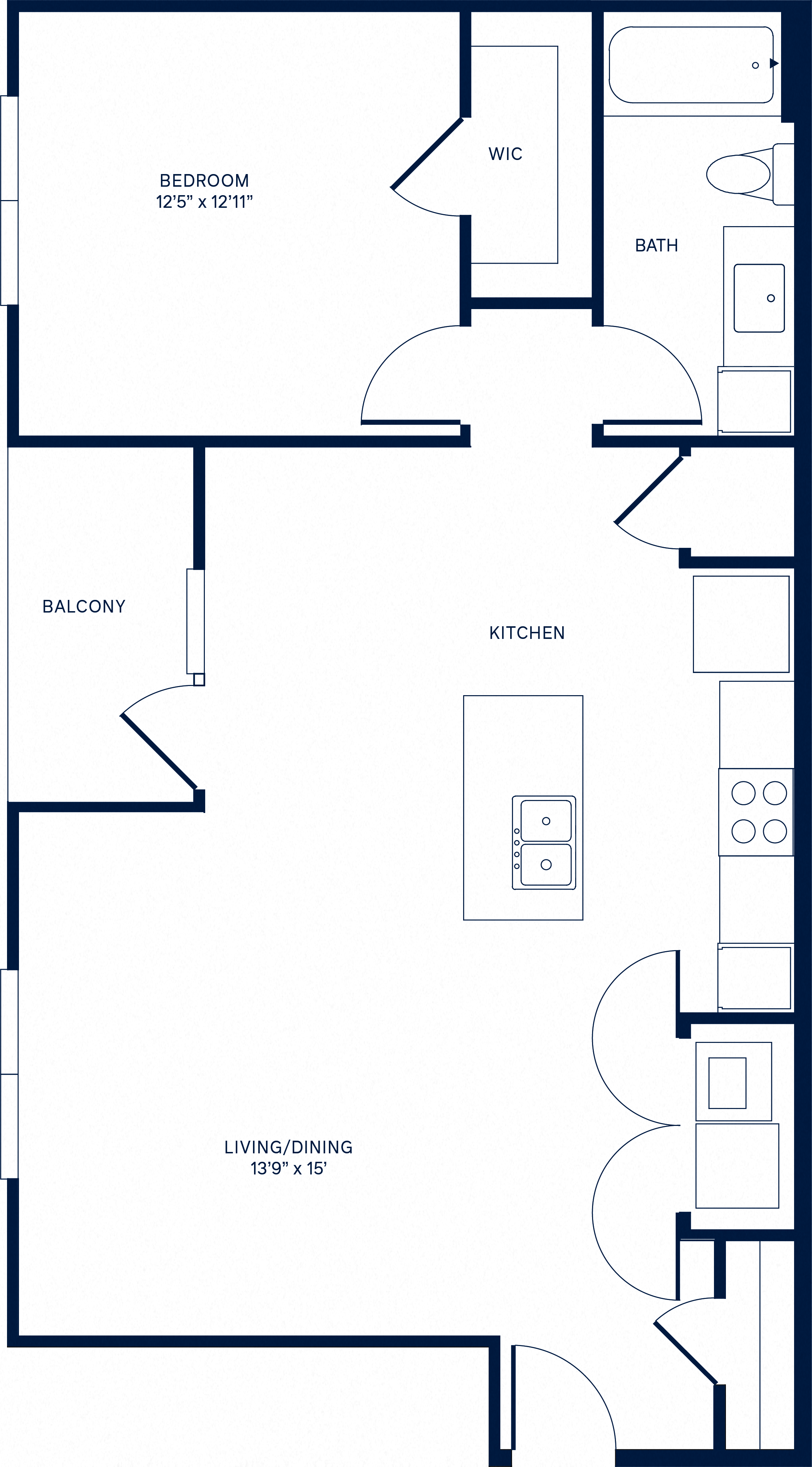 Floor plan for 1 bed, 1 bath, 864 sqft